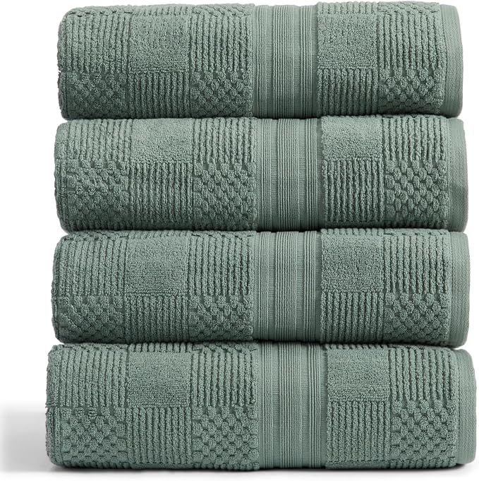 100% Cotton Bath Towel Set | 4-Pack | Textured | Green | Luxury Geometric Design | Absorbent & Quick-Dry Bathroom Towels | Textured and Durable Cotton Towels for Bathroom | OEKO-TEX