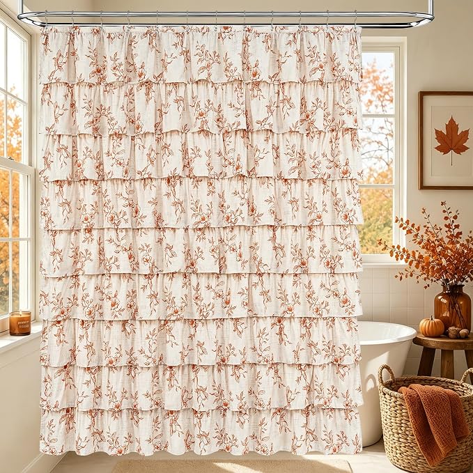 Yinhua Long Fall Ruffle Shower Curtains for Bathroom with Floral, 72"Wx78"L | Orange Floral Print, Ruflle Design, 12 Metal Hooks, Vintage Rustic Washable Waterproof Shower Curtain for Bathroom Bathtub
