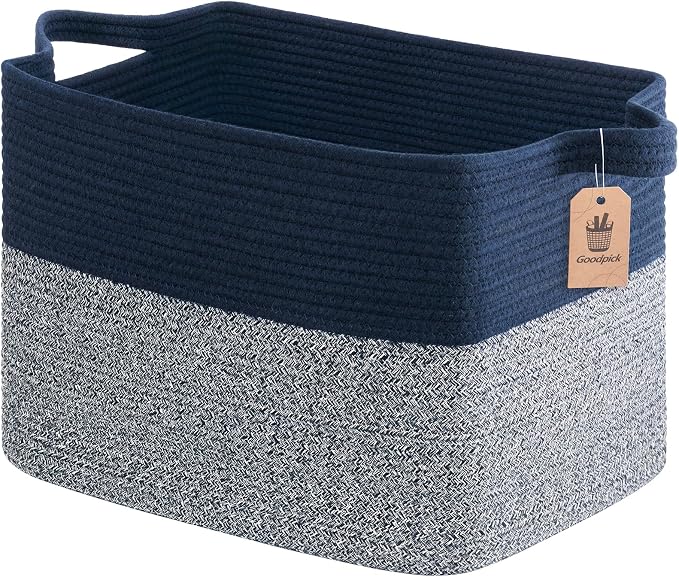 Goodpick 50L Large Woven Storage Basket, 18" x 14" x 12", Blue | Stylish Gift Basket for Home Decor, Cotton Rope Baskets for Blankets & Toys Storage, Living Room & Bedroom Organization