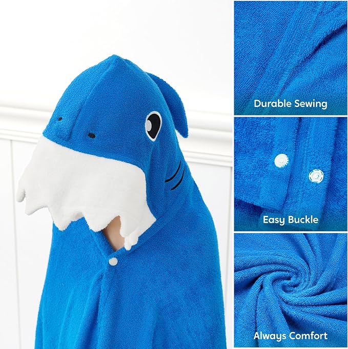 Joiedomi Shark Hooded Towel for Kids Soft 100% Cotton Bath Beach Towel 30" x 50" for Kids 3-8 Years Toddler Pool Poncho with Hood Absorbent Swim Wrap for Boys Girls