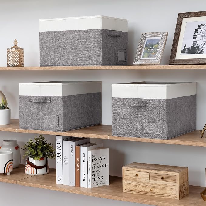 GRANNY SAYS Closet Storage Bins with Label, Gray&White, Large, 3-Pack | Fabric Storage Bins for Clothes, Closet Organization Bins, Collapsible Storage Bins with Handles, Decorative Storage Box