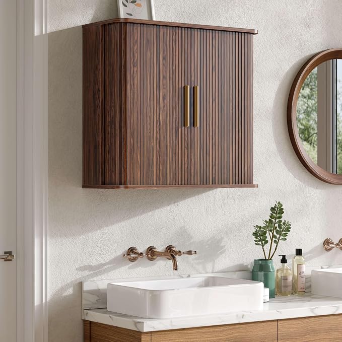 FIMELLO 29.5" W Bathroom Wall Cabinet, Laundry Room Cabinets Wall Mounted with Sliding Tambour Door, Kitchen Wall Cabinet, Floating Cabinet for Wall, Upper Cabinets, Brown Walnut