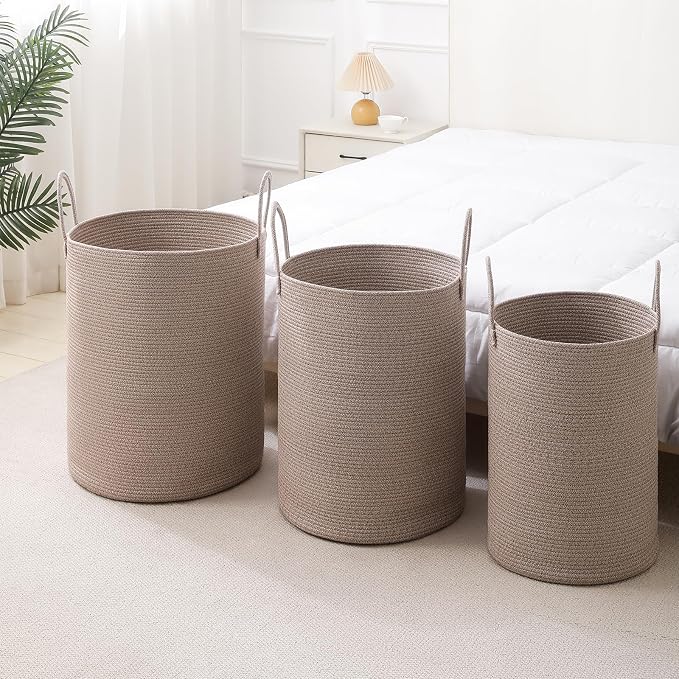 Laundry Basket Hamper Tall Rope Storage Woven for Blanket toys Dirty Clothes in Living Room Bathroom Bedroom (Tan, 80L/21.3Gal)