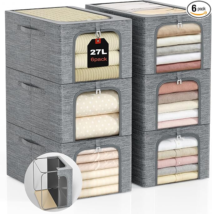 GoMaihe Baby Clothes Storage Bins with Metal Frame 27L 6-Pack Grey | Kids Toddler Child Clothing & Towels Small Items, Closet Top Shelf Boxes, Collapse-Proof Stackable, Clear Window Dual Access