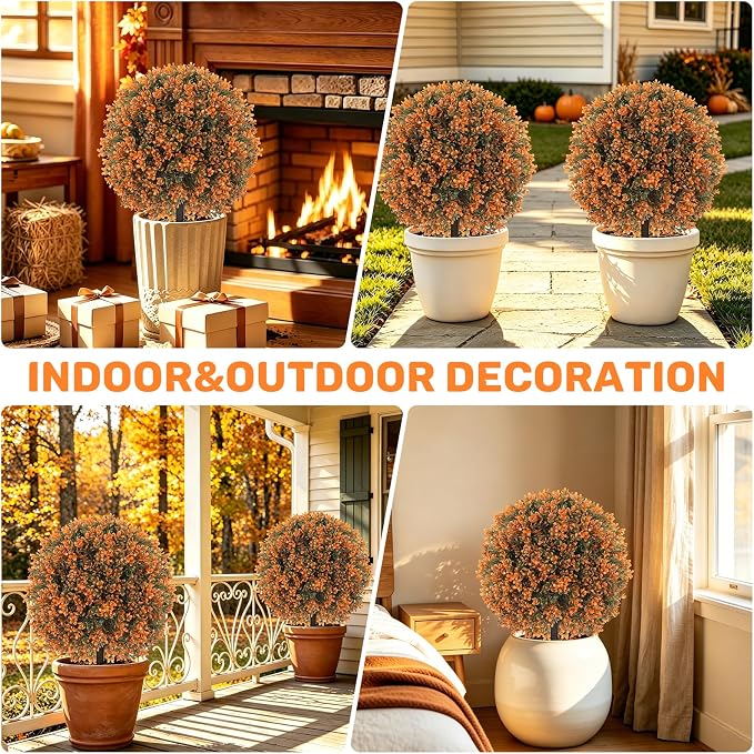 Artificial Boxwood Topiary Ball Outdoor Set of 2, Fake Bushes | Fall UV Resistant,Fake Plants with Ground Spike,Faux Boxwood Trees Shrubs for Outdoor Indoor Garden Porch Home Decor