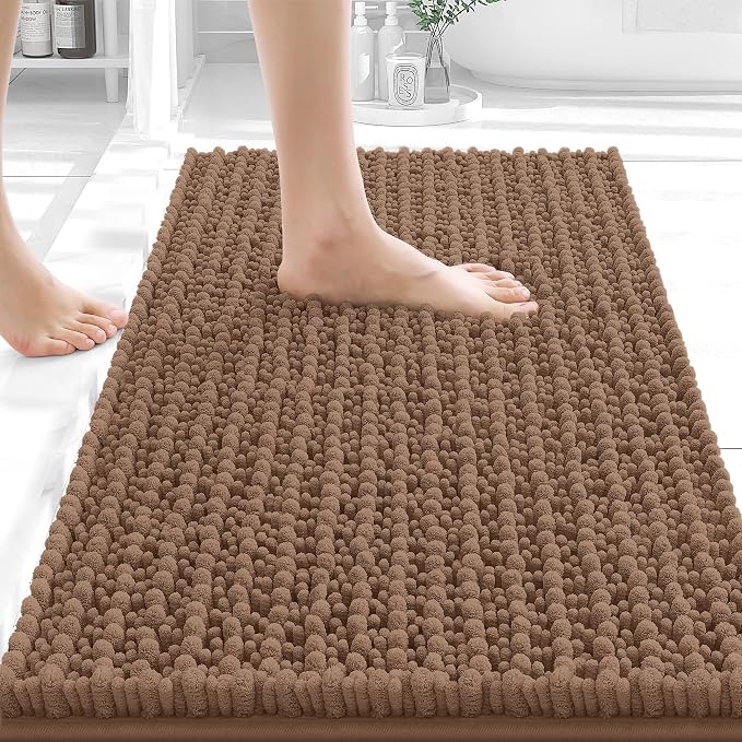 OLANLY Small Bathroom Rugs 24x16, Thick Soft Absorbent Chenille Bath Rugs | Mocha, Shaggy Bath Mat with Quick-Drying Rubber Backing, Machine Washable for Floor, Tub and Shower, Home Decor Accessories