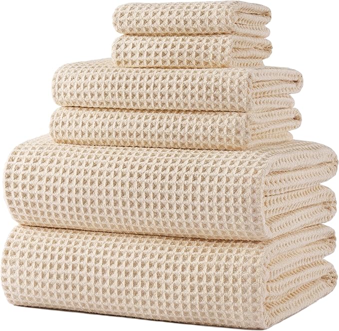 POLYTE 430 GSM Poly Blend Microfiber Quick Dry Waffle Bath Towel Set of 6 | 2-Body Towels, 2-Hand Towels, 2-Wash cloths, Oversize, Lint Free