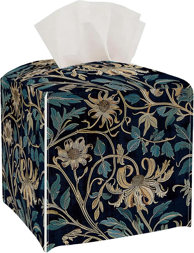 Tissue Box Cover Holder Square - Vintage Boho PU Leather Decorative Organizer, Ethnic Carpet Pattern Design Inspired, with Bottom Belt for Bathroom Car Office Tabletop Home, 5x5 Inch (Golden Flowers)