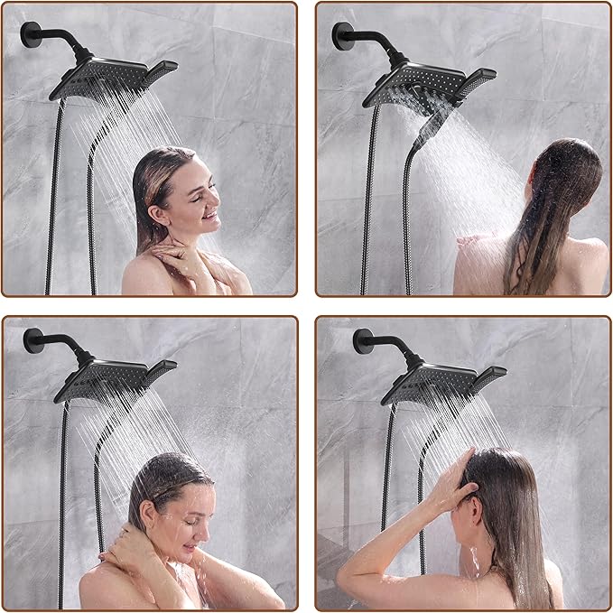 BRIGHT SHOWERS High Pressure Dual Shower Head Combo with Rainfall & Handheld, 4 Spray Settings, Tool-Free Installation, 60" Stainless Steel Hose, Matte Black