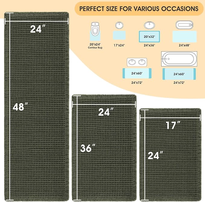Waffle Bath Mat Set Dark Green 3 Piece,Woven Modern Bath Rug Mats, Absorbent Non Slip Bath Floor Mat, Soft Washable Boho Bath Rugs with Tassels for Bathroom, Bedroom, Kitchen,Tub