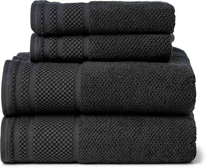 Texere 100% Organic Cotton Rice Weave Jacquard 700 GSM Luxury Bath Towel Sets - Ultra Soft and Absorbent Hotel and Spa Quality (Rice Weave, Black, 2 Bath & 2 Hand Towels)