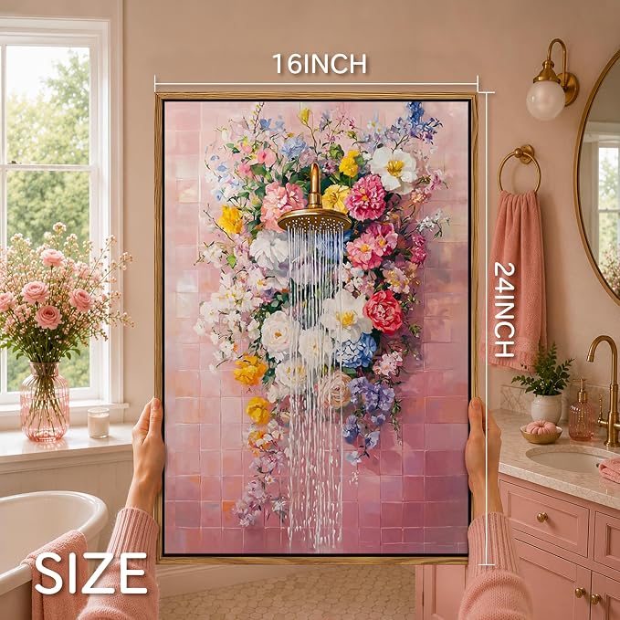 Floating Framed Floral Shower Wall Art, Pink Bathroom Flower Canvas Print, Romantic Blooming Roses Waterfall Painting, Cottagecore Botanical Wall Decor for Bathroom Bedroom Living Room 16x24 Inch