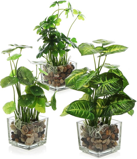 MyGift Set of 3 Small Assorted Artificial Plants in Clear Glass Pot | Indoor Faux Plant Potted in Pebbles for Home Decor, Mini botanical décor for office, bathroom, living room, and table display