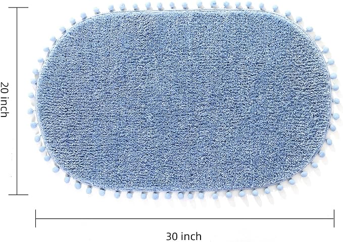 YIRDDEO Oval Rug for Bathroom, Cute Boho Bath Mat with Pom, Dusty Blue | Soft Plush, Absorbent, Quick Dry, Machine Washable, Non Slip Bath Mat for Bathroom Shower Floor Home Decor