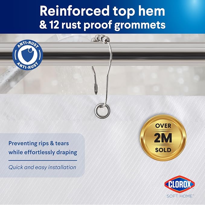 Clorox 2-in-1 Bathroom Shower Curtain Liner, Durable Fabric, Weighted Magnets for Bath Water Control, Washable Premium Quality, Extra Long, Modern - 72" x 78" White
