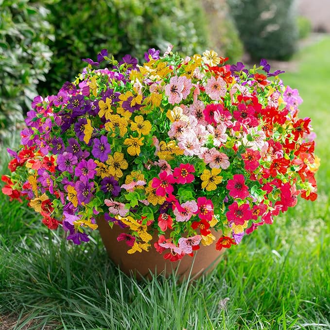 florisso Artificial Flowers for Outdoors Daisy 12 Bundles for Home Decor | Faux Flower Fake Plants Outside Decoration with Eucalyptus UV Resistant for Planter Porch Patio Yard Garden Colorful