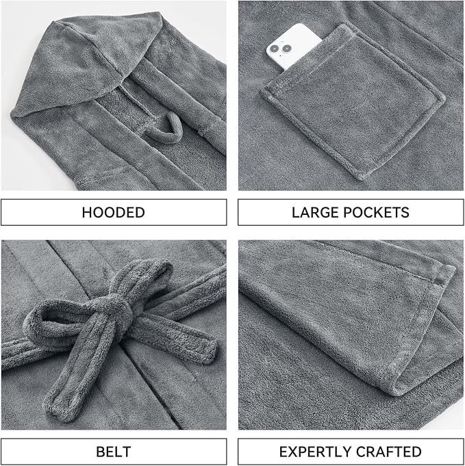 Absorbent Fleece Mens Robe with Hood Warm Cozy Ultra Soft Bathrobe Luxury Quick Dry Spa Towel Robe for Men