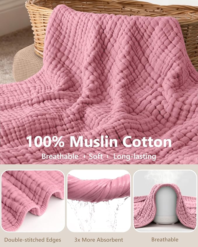 Baby Girl Bath Towels, 100% Muslin Cotton Hooded Baby Towels for Newborn, 2 Pack Baby Towels with Hood for Infant Toddler and Kids, Large 32x32Inch Bath Essentials, Soft and Absorbent