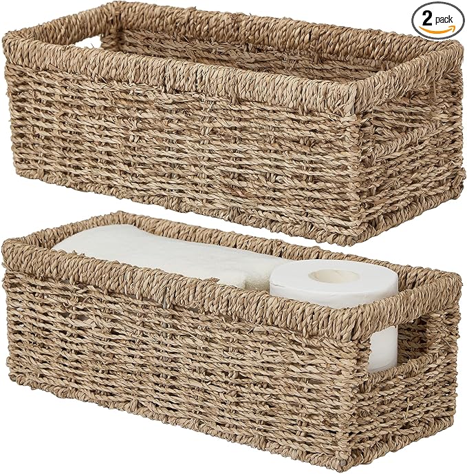 Wicker Storage Basket, Hand-Woven Seagrass Wicker Baskets with Handles, Toilet Paper Basket for Toilet Tank Top, Small Wicke Baskets for Organizing Shelves, 2-Pack, Seagrass