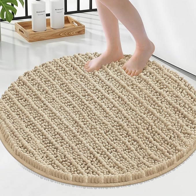 Smiry Bathroom Rugs Round 24X24, Extra Soft Rubber Backing Bath Mats | Beige Machine Washable Non Slip Quick Dry Bath Mats for Bathroom Floor, Tub, Shower, Home Decor Accessories