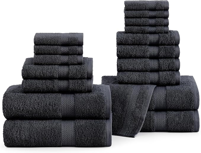 LANE LINEN Bath Towel Set Quick Dry 100% Cotton 18 Piece Soft - Black | Cotton Bath Towels - Classic Terry Weave, Densely Woven & Durable, Easy-Care, Coordinated Colors