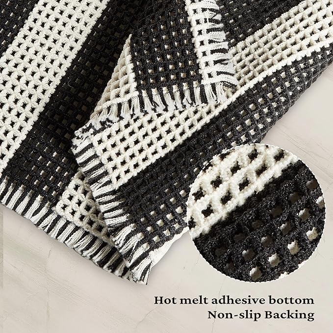MatEssenz Modern Farmhouse Checkered Bath Mat 2x3 Ft, Waffle Bathroom Rug with Tassels, Non Slip Rubber Backed Bath Mat, Super Absorbent Machine Washable Bathroom Floor Rug