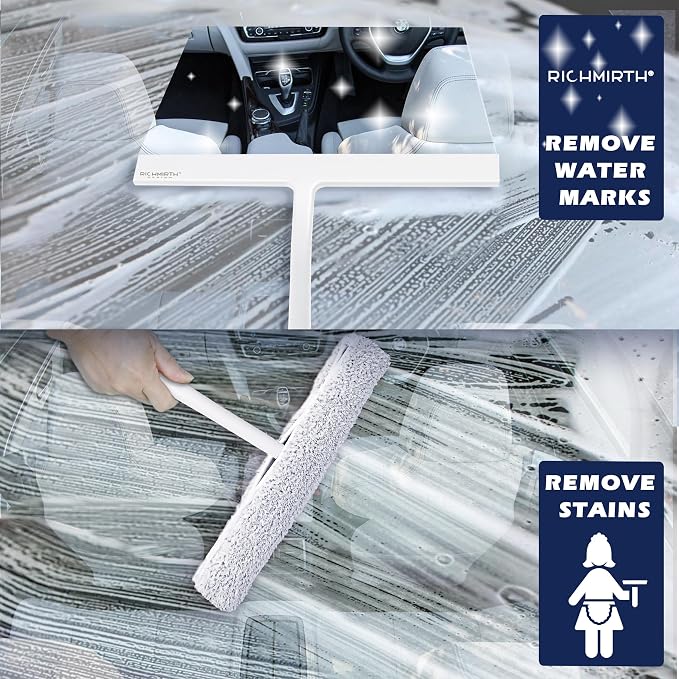 12 Inch Silicone Shower Squeegee for Glass Doors with Microfiber Cloth & Hook, Streak-Free Window Cleaner for Bathroom Mirror Tile Car, No-Scratch Squeegee with Rustproof Metal Core (White)