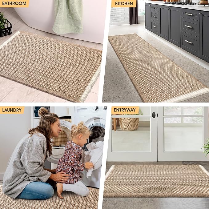 Waffle Bath Mat Beige & White 32"x20", Boho Woven Modern Bath Mat Rugs, Absorbent Non Slip Bathroom Rugs, Soft Washable Bath Rugs with Tassels for Bedroom, Kitchen, Shower, Tub