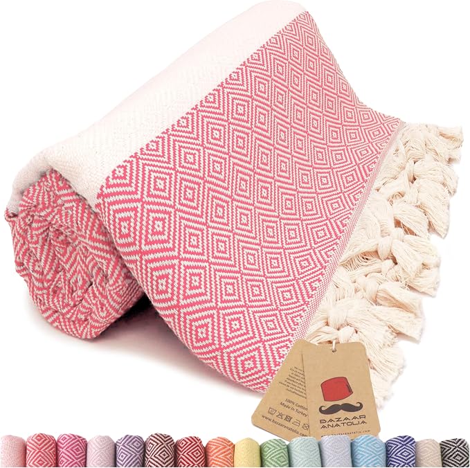 Turkish Beach Towel, 100% Cotton, 71x39 in, Diamond Coral