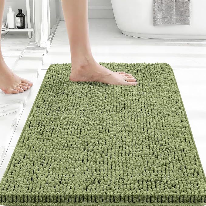 Bcoimo Small Bath Rug Mat,Sage Chenille High Absorbent Bathroom Floor Mats | Non Slip with Rubber Backing 24x17 Bathroom Rug; Machine Washable;Extra Soft Bath Rug;High Absorbent、Quick Dry Microfiber mat