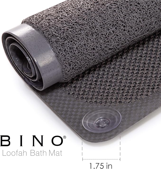 BINO | Loofah Non-Slip Bath Mat for Tub - Grey | Spa-Inspired Comfort, Quick-Drying, Secure Suction Cups | Exfoliating Shower Mat for a Luxurious and Safe Bathing Experience