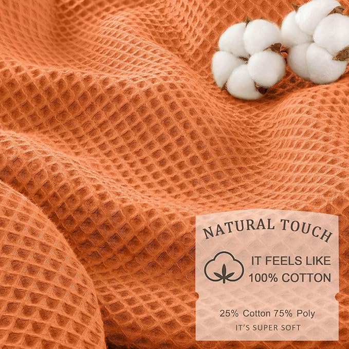 Waffle Weave Shower Curtain Heavyweight Cotton Fabric Orange 72Wx72L | Soft Cotton Cloth,3D Square Truely Waffle Washable, Hotel Luxury Spa, Shower Curtain Set for Bathroom 12 Plastic Hooks