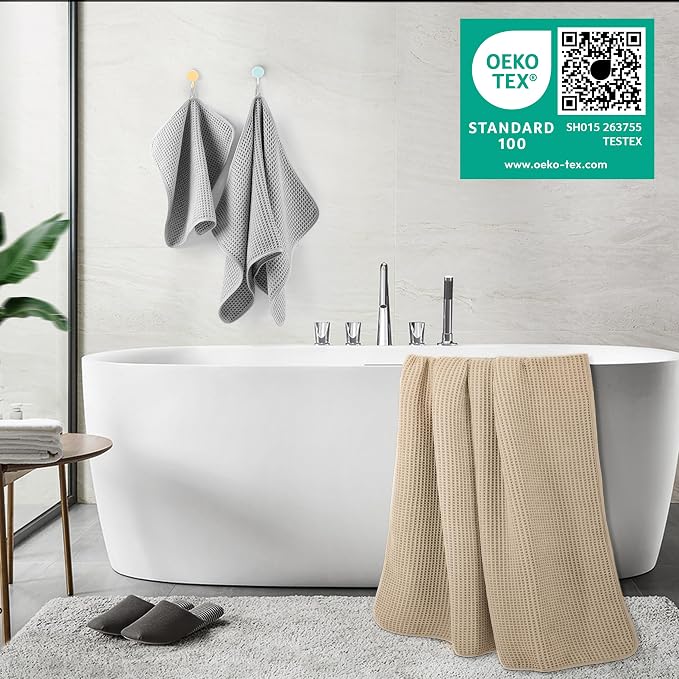 POLYTE 430 GSM Poly Blend Microfiber Quick Dry Waffle Bath Towel Set of 6 | 2-Body Towels, 2-Hand Towels, 2-Wash cloths, Oversize, Lint Free