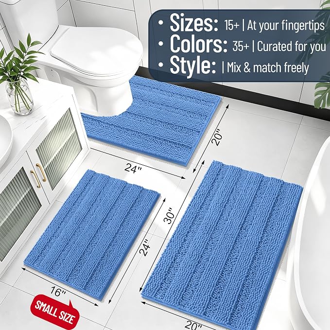 Smiry Thick Chenille Bathroom Runner Rugs 47x17, Bath Mat, Cornflower Blue | Quick‑Dry & Machine Washable, Non‑Slip Bath Carpet, Soft Striped Bath Rugs for Tub & Shower, Modern Home Decor Accessories