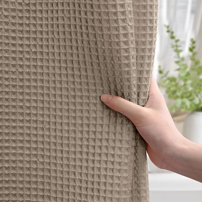 Waffle Weave Shower Curtain Heavyweight Cotton Fabric Beige 72Wx75L | Soft Cotton Cloth,3D Square Truely Waffle Washable, Hotel Luxury Spa, Shower Curtain Set for Bathroom 12 Plastic Hooks