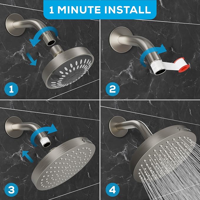SparkPod Rain Shower Head, 6 Inch Round, Elegant Brushed Nickel Finish | High Pressure Shower Heads, 90 Nozzles, Adjustable Showerhead, No Tools Needed, Universal Connection