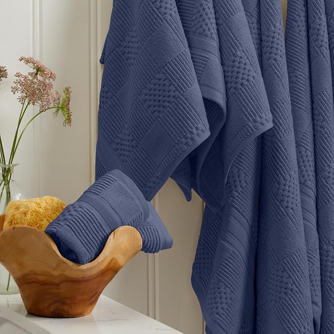 100% Cotton Bath Towel Set | 4-Pack | Textured | Indigo | Luxury Geometric Design | Absorbent & Quick-Dry Bathroom Towels | Textured and Durable Cotton Towels for Bathroom | OEKO-TEX