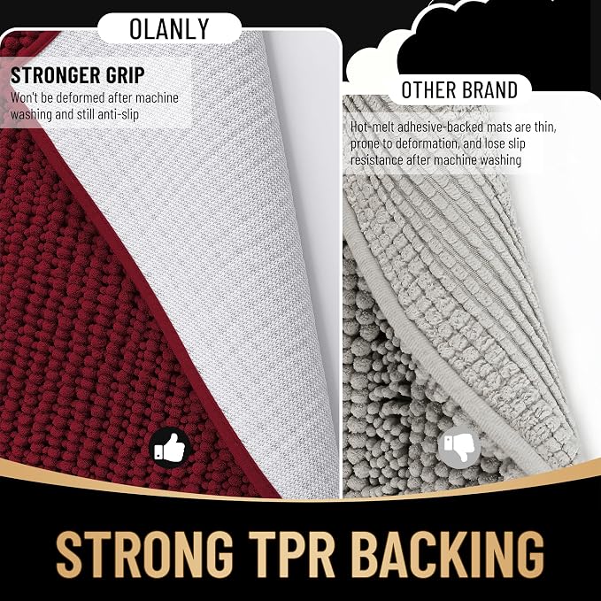 OLANLY Thick Chenille Large Bathroom Rugs Mats 40x32, Burgundy | Soft Absorbent Bath Rugs, Rubber Backing, Machine Wash Dry, Bath Mats for Bathroom, Tub and Shower, Home Decor Accessories