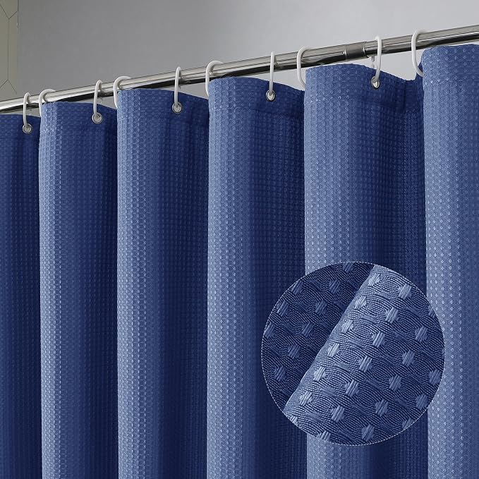 Long Fabric Shower Curtain Set, Waffle Textured Shower Curtain for Bathroom - Weight 230GSM Heavy Duty Hotel Spa Luxury Bath Curtain Set with 12 Plastic Hooks, 72x78, Blue