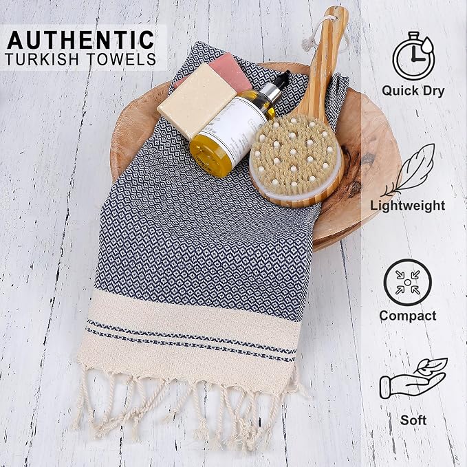 Evelynen Turkish Hand Towels for Bathroom & Kitchen Towels Decorative Set of 2 | Boho Farmhouse Hand Towels with Hanging Loops for Face, Tea, Dish, Kitchen & Bath | (16" x 32" - Navy Blue)
