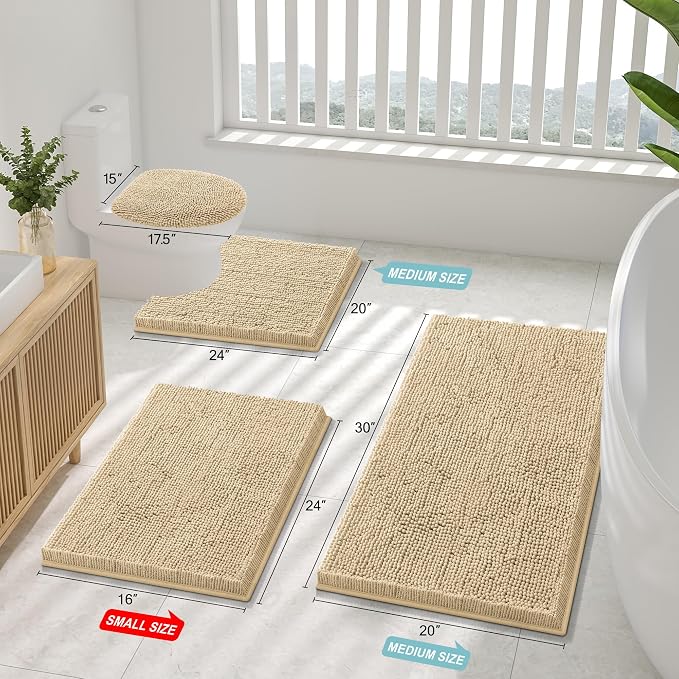 Smiry Bathroom Rugs 40X32, Luxury Chenille Extra Soft Absorbent Bath Mat | Beige, Machine Washable Non-Slip Plush Bath Mats for Bathroom, Tub, Shower, and Floor, Home Decor