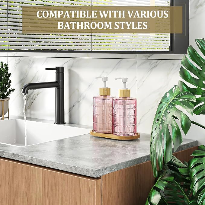 MASADI Soap Dispenser Set with Bamboo Tray, Dish and Hand Soap Lotion Dispenser Set with Wooden Pump for Kitchen and Bathroom Decor for Counter, Modern Vintage Liquid Soap Dispensers (Pink&Bamboo)