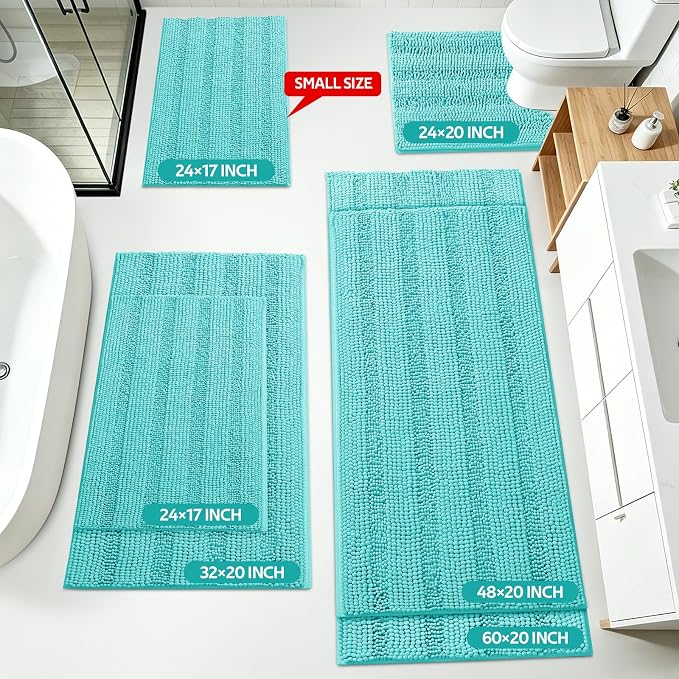 Striped Teal Green Bathroom Rug Set 3 Pieces Ultra Soft, Non Slip Chenille Toilet Mat, Absorbent Plush Shaggy Bath Mats for Bathroom, Bedroom, Kitchen, Turquoise