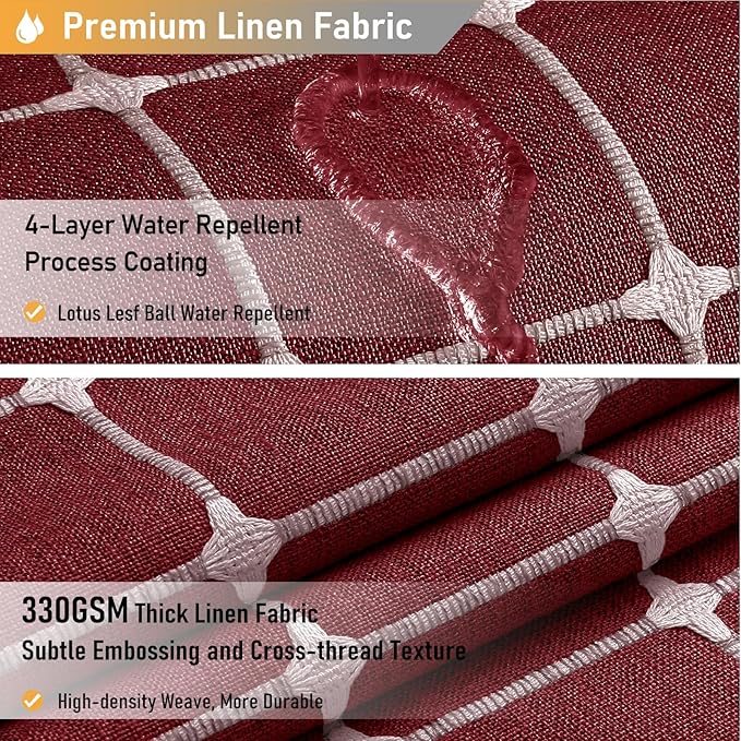 Burgundy Boho Farmhouse Linen Heavy Duty Shower Curtain Set, 72x72 | 330GSM Linen Blend, Classic Plaid, 3-side Tassels, Water Repellent Fabric, 12 Hooks, Rustic Bohemian Style, Machine Washable