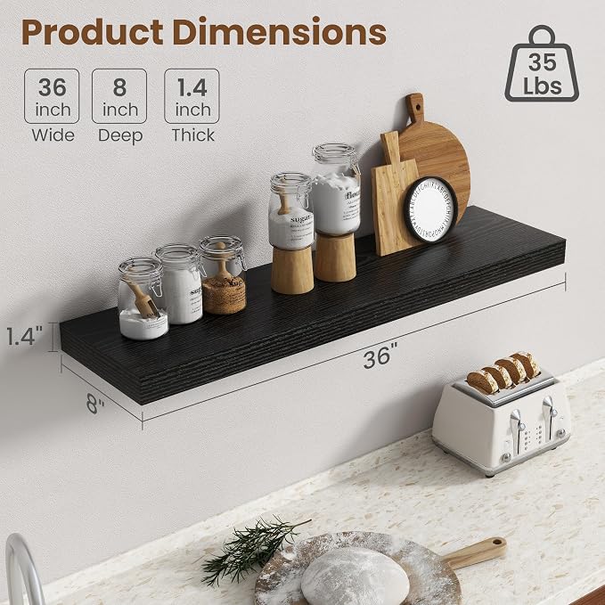 36 Inch Floating shelves for Wall, 8 Inch Deep, Invisible Brackets, Black | Rustic Wall Mounted Shelf, Storage & Display, Wooden Shelves for Living Room, Kitchen, Bathroom and Home Decor, Set of 2