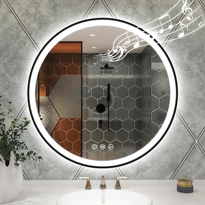 STARLEAD 32" Black Frameless Round LED Bathroom Mirror with Bluetooth Speaker, Dimmable Lighting, 3 Color Modes, Anti-Fog, Touch Control Wall Mounted Vanity Mirror