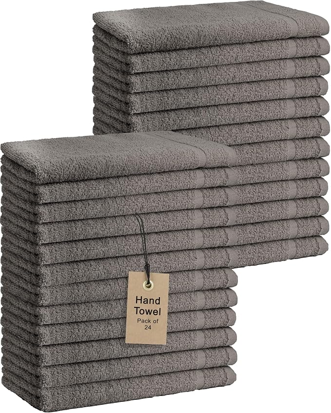 Basic Hand Towels 16x26 Inches – Bulk Pack of 24 – Grey Color – Soft and Absorbent Multipurpose Cotton Towels for Bathroom, Spa, Gym, Salon, Hotel, and Everyday Use