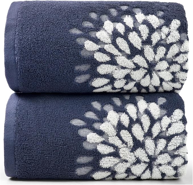 Jacquotha Cute Bath Towels Set of 2 (Denim Blue) - Large 55” x 28” | Decorative Hydrangea FloralJacquard, Bathroom & Guest Room Decor, Cotton