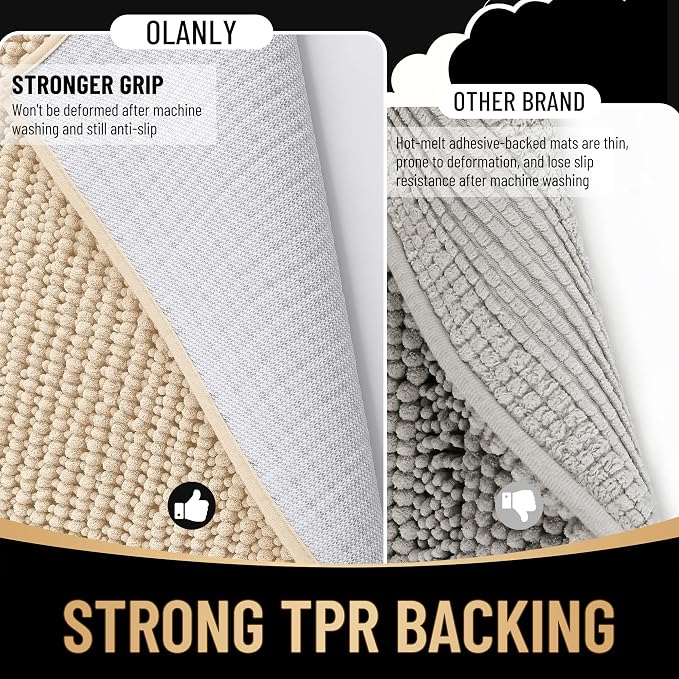 OLANLY Thick Chenille Bathroom Runner Rugs 47x17, Absorbent Bath Mat, Beige | Soft Bath Rugs, Rubber Backing, Machine Wash Dry, Bath Mats for Bathroom, Tub and Shower, Home Decor Accessories