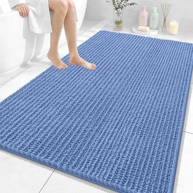 OLANLY Large Bathroom Rugs 59x35, Thick Soft Absorbent Chenille Bath Rugs | Cornflower Blue, Quick-Drying Rubber Backing, Shaggy Bath Mat, Washable for Floor, Tub and Shower, Home Decor Accessories